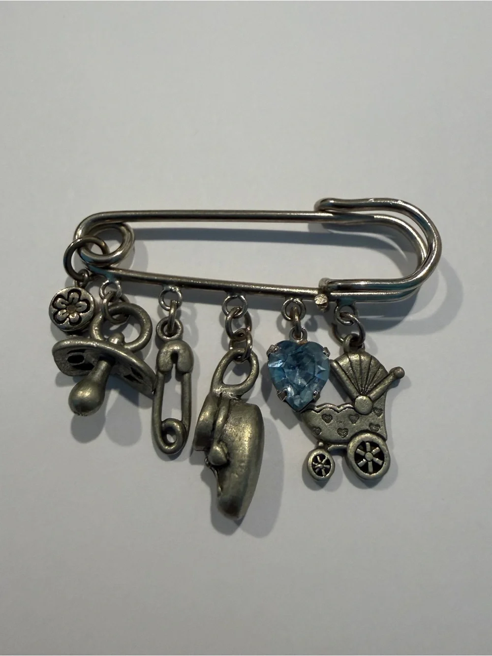 Baby Charm Safety Pin Brooch with Blue Heart Accent